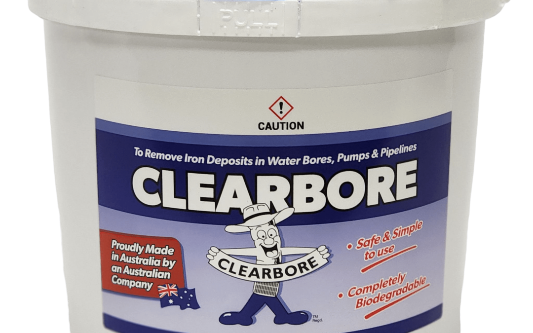 A bucket of Clearbore Water Bore & Water Pump Cleaner