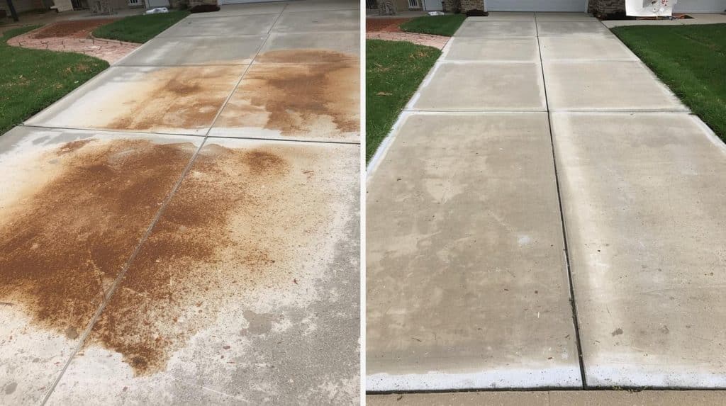 Before and after bore water stain removal from concrete driveway using X-Fe Forte showing complete iron oxide dissolution