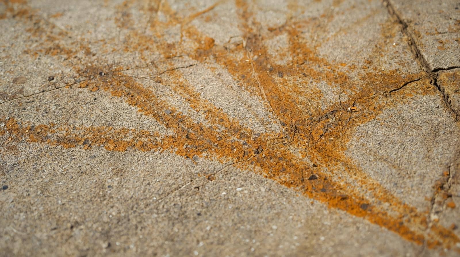Rusty orange bore water stains on concrete driveway showing iron deposits from irrigation