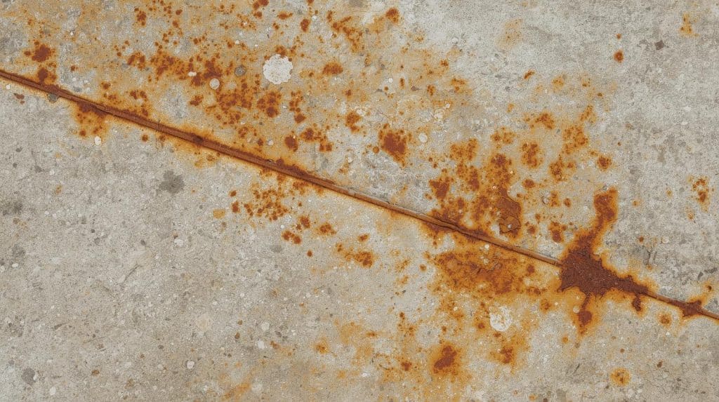 Bore water iron stains on concrete driveway showing orange rust discolouration from bore irrigation