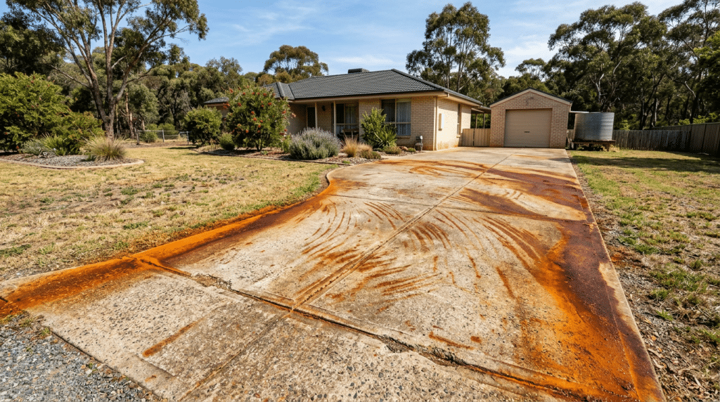 Heavy orange bore water stains on a concrete driveway in Australia caused by iron-rich bore water irrigation
