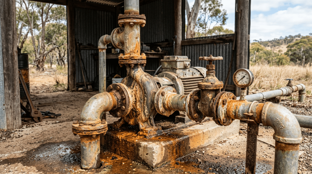 Water bore pump showing heavy iron fouling and encrustation buildup caused by iron bacteria in Australian groundwater