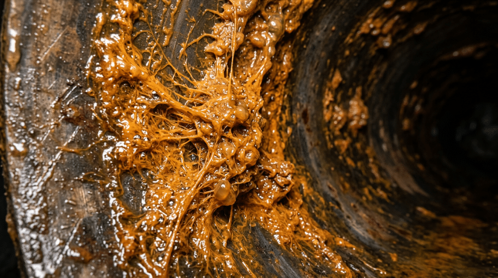Close-up of iron bacteria biofilm forming a thick rust-coloured slime deposit inside a water bore pipe