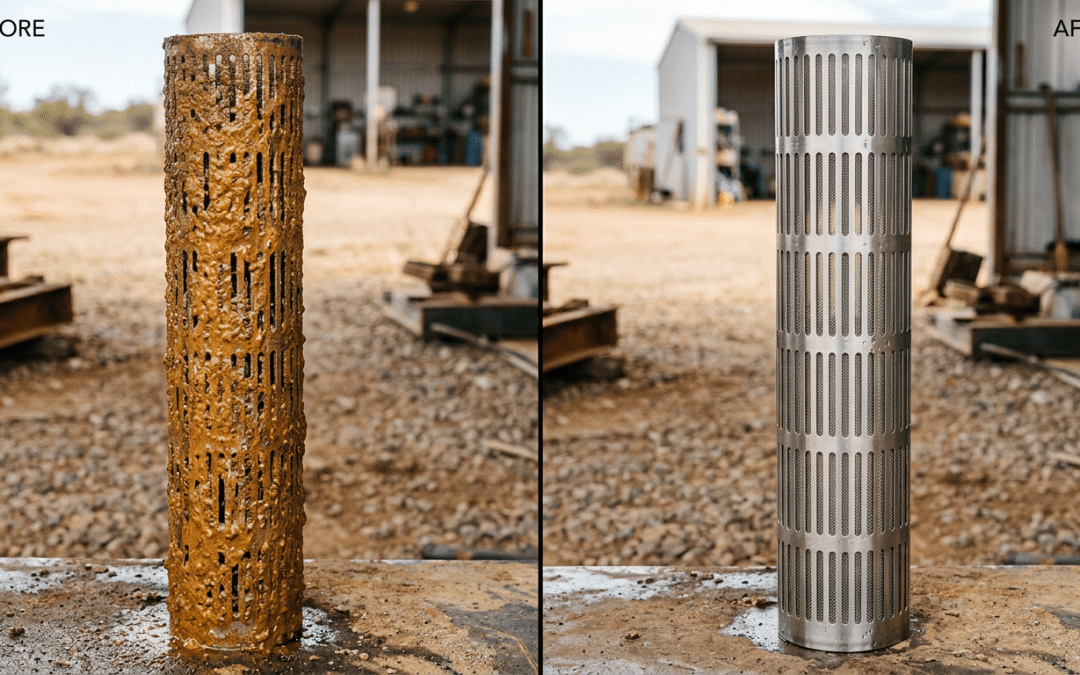 Before and after comparison of a water bore screen — heavy rust-coloured iron bacteria encrustation removed by Clearbore granular bore cleaner